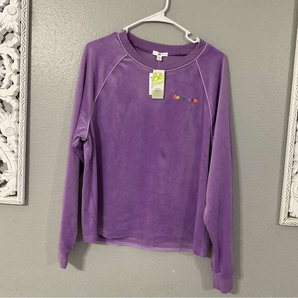 BP  Long Sleeve I Love You Velour Sweater, Purple size Medium New with tags